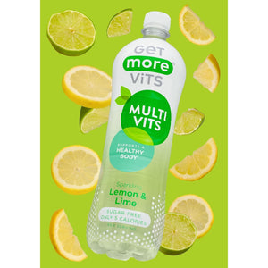 Get More Vits Sparkling Water - Low Calorie, Sugar Free, & Multivitamin Flavoured Water - Fizzy Drink with Vitamin D, C, & B Vitamins - Lemon & Lime Spring Water - 1 Litre Bottles, Pack of 12