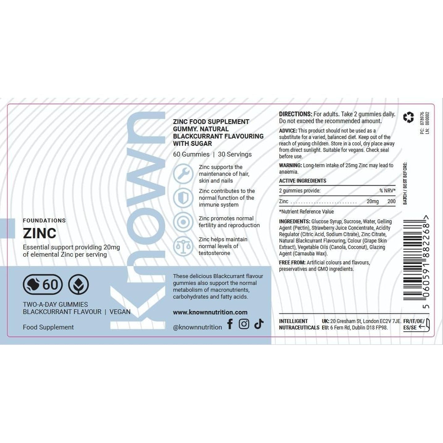 Known Delicious Zinc Gummies - 20Mg Zinc for Immune Support, Hair, Skin & Nails - Natural Blackcurrant Flavour - 60 Vegan Gummies, 1 Month Supply