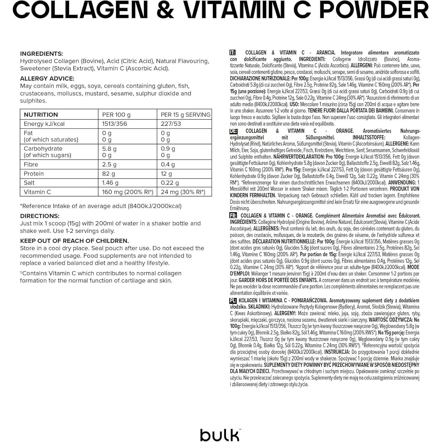 Bulk Collagen Powder with Peptides and Vitamin C, Hydrolysed Bovine Collagen, High Protein Supplement Daily Use in Smoothies, Shakes and Recipes, Joint and Skin Routine, Orange, Easy Mixing 500G