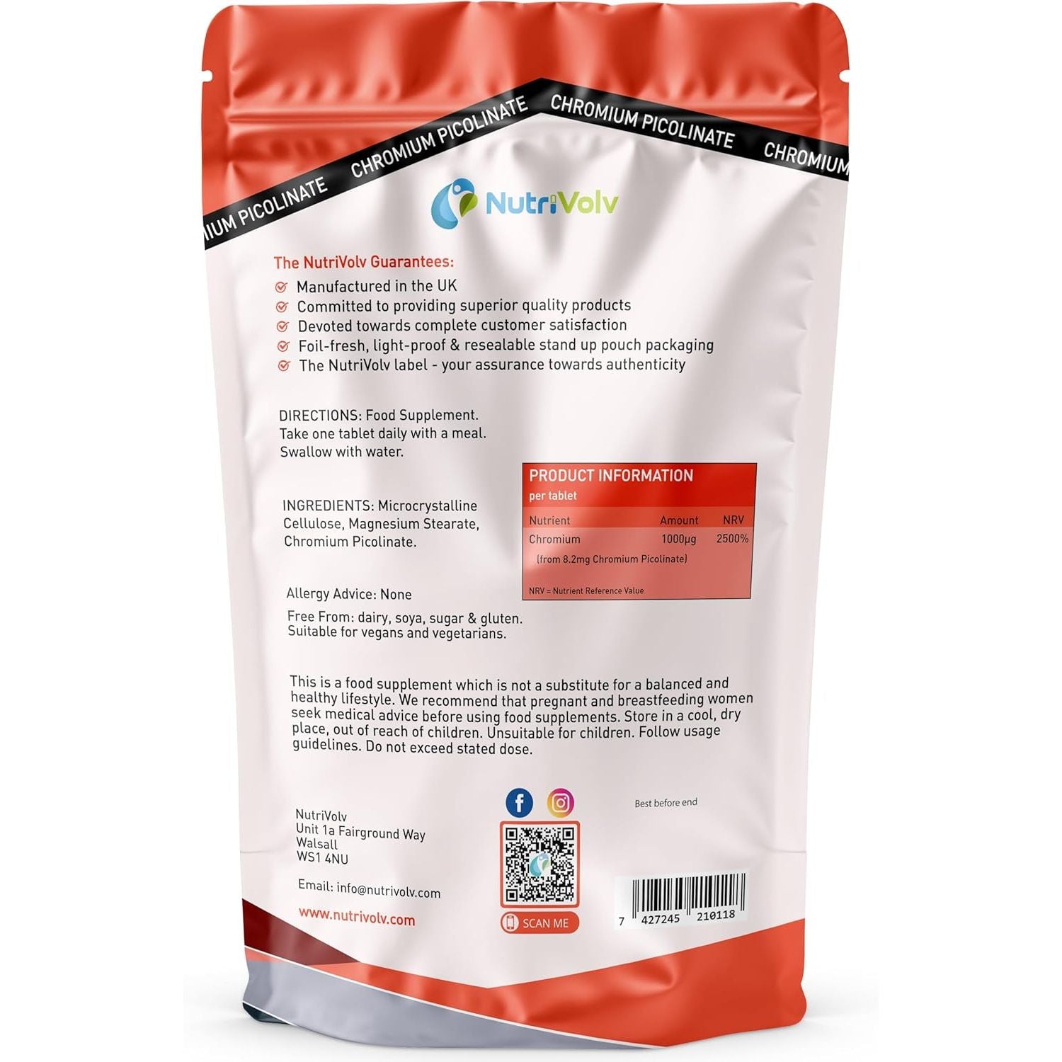 Nutrivolv Chromium Picolinate 1000Μg | High Strength 120 Tablets | Glucose Metabolism & Cravings Support | Energy & Weight Management | Vegan Supplement