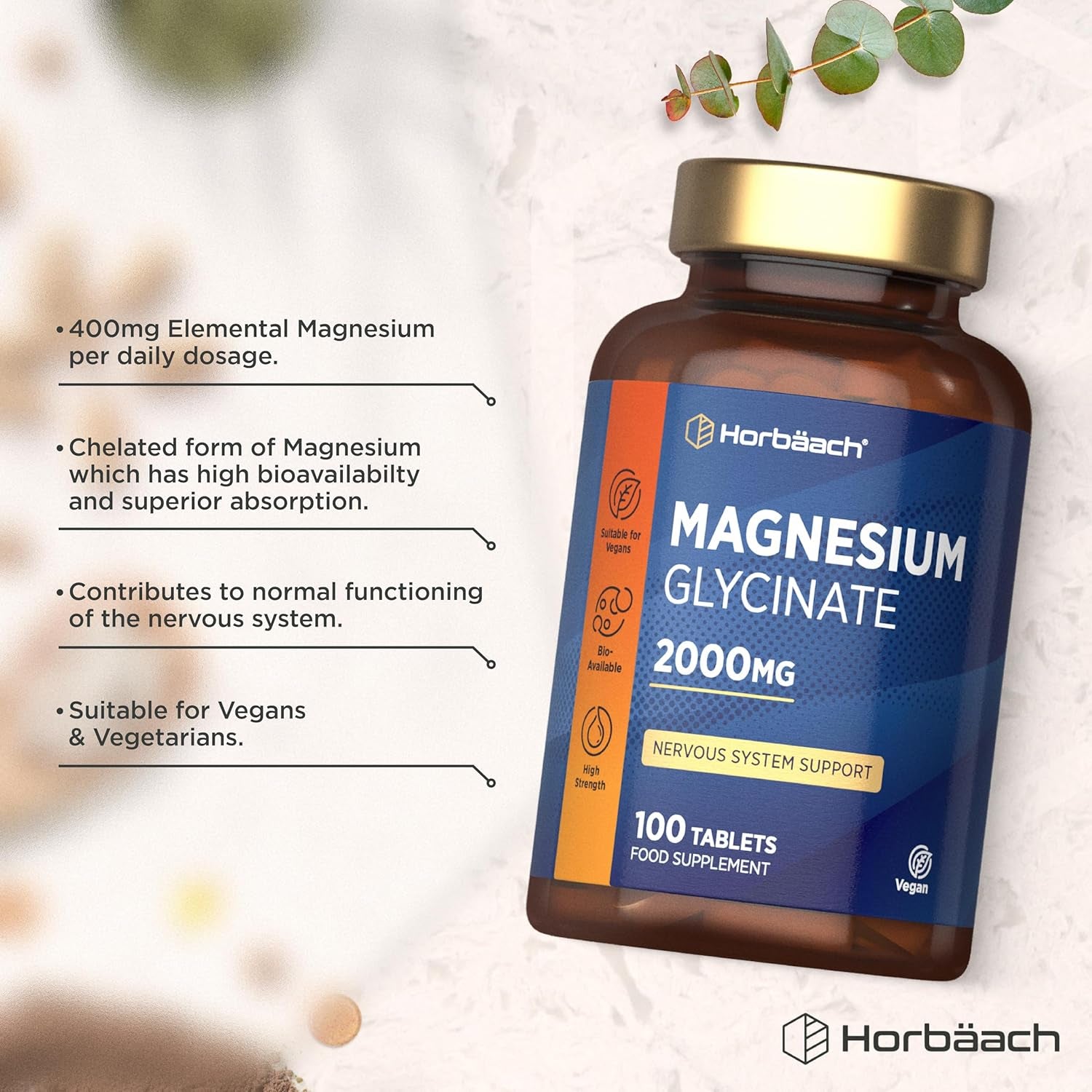 Magnesium Glycinate Supplement | 2000Mg | 100 Vegan Tablets | High Strength Providing 400Mg of Elemental Magnesium | by Horbaach