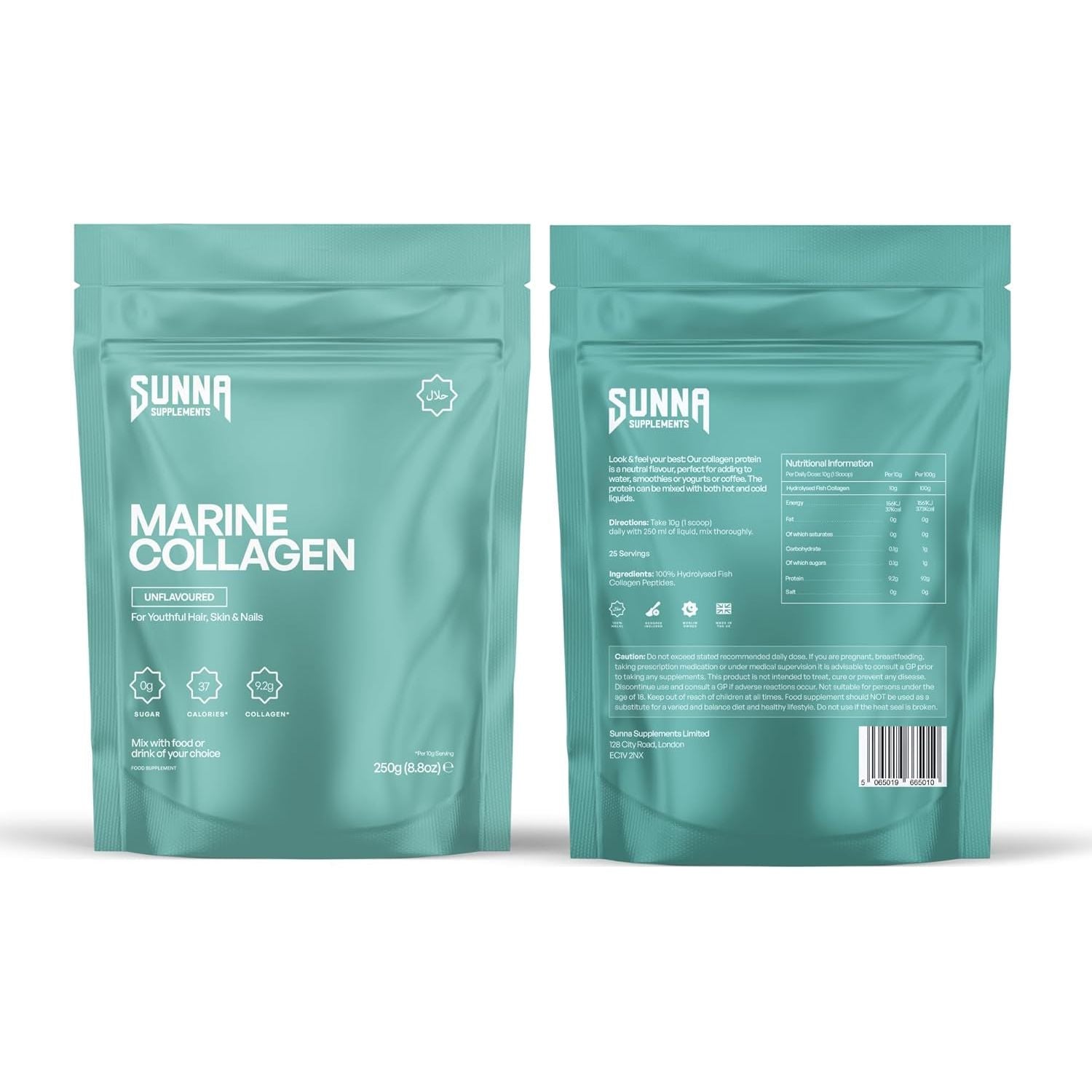 SUNNA SUPPLEMENTS Marine Collagen Powder - Pure Hydrolysed Fish Peptides (Type 1 Collagen) - High Strength for Skin, Hair, Nails, and Joints - Non-Gmo & Gluten Free | Unflavoured