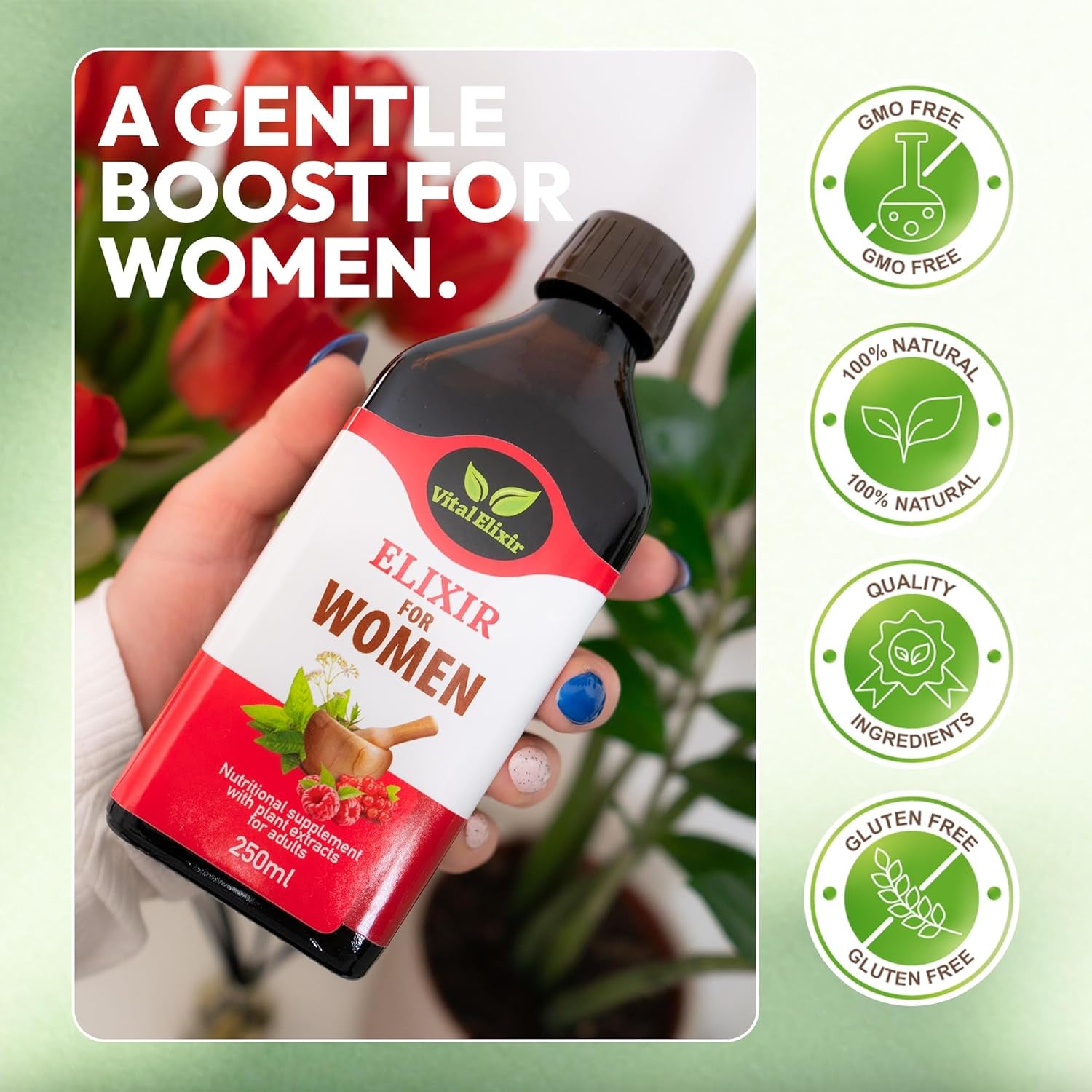 Elixir Women – Herbal Food Liquid Supplement with Hawthorn, Chamomile & Cranberry – 250Ml – Vegan, Gluten-Free, Natural Antioxidant Support