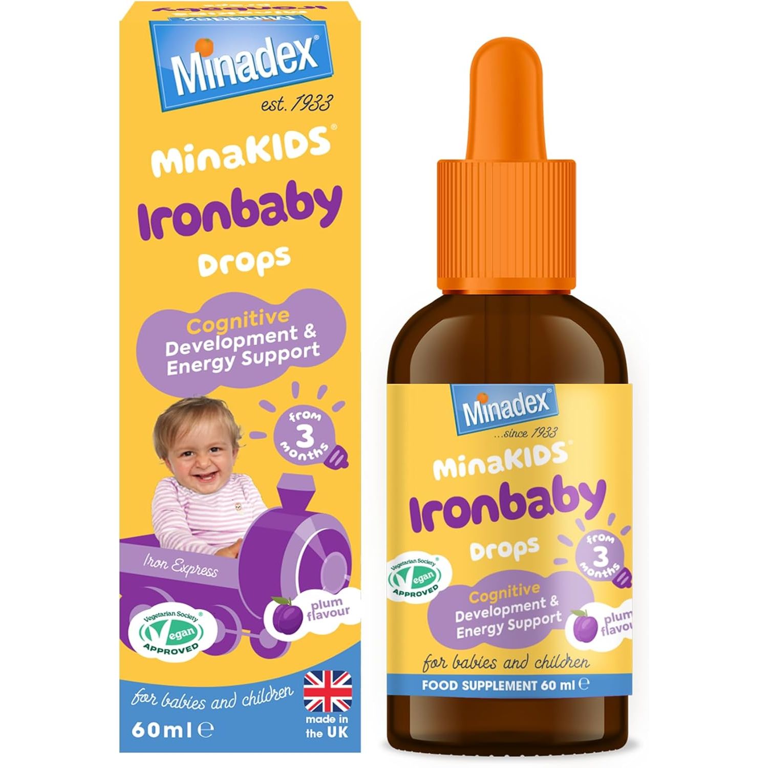 Minadex Minakids Ironbaby Drops – Liquid Iron Supplement for Children, Sugar-Free, Vegan, Plum Flavour, 60Ml (2-Month Supply), Supports Immune Health, Minimal Iron Aftertaste, Made in UK