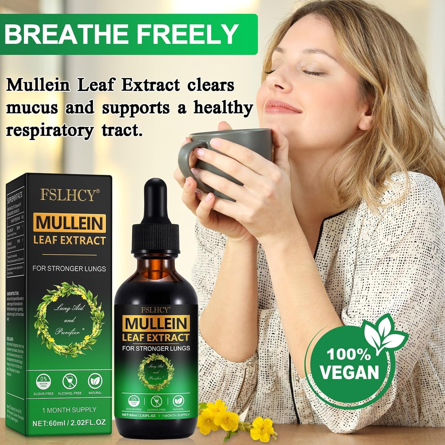 Mullein Drops for Lungs 60ML Mullein Leaf Extract & Chlorophyll Drops for Lung Cleanse Vegan & Health Supplements Fast Absorption