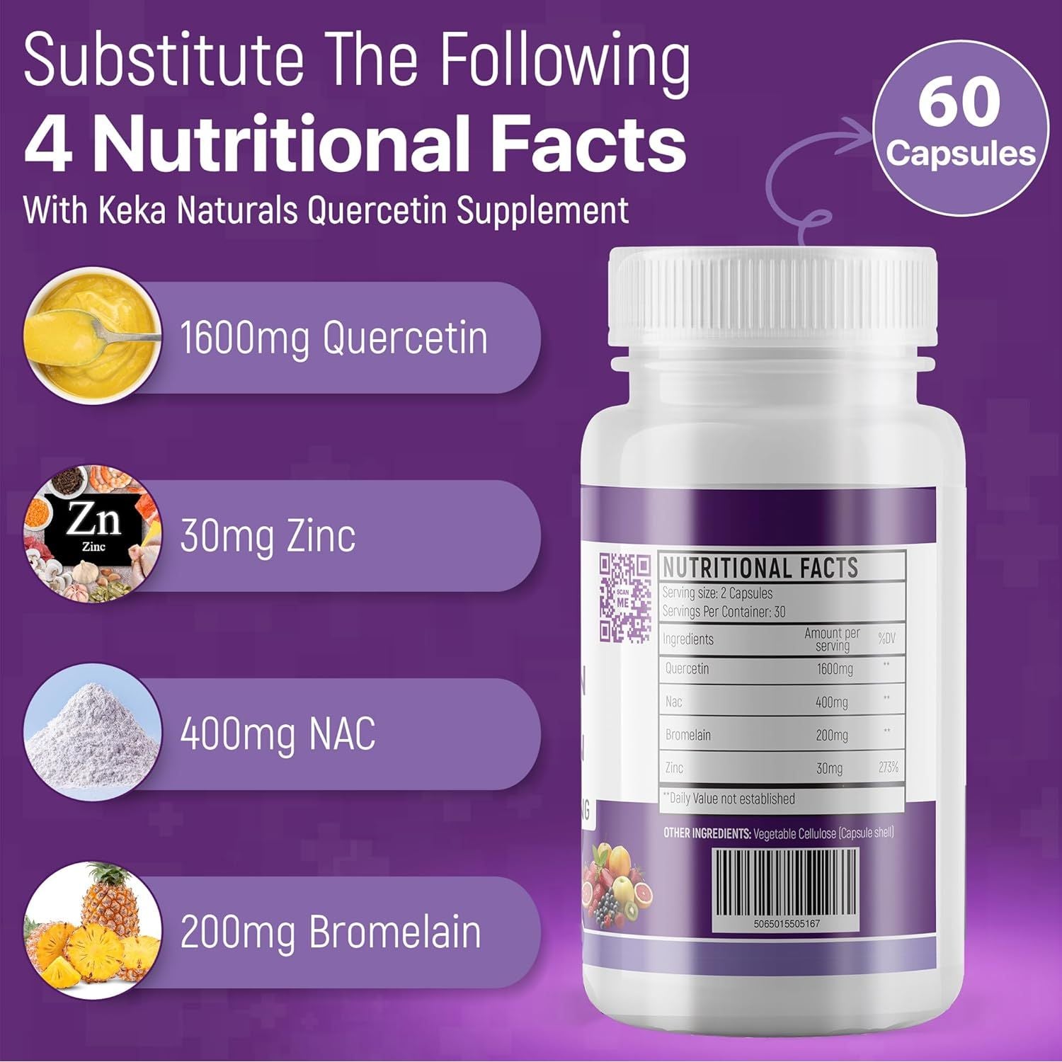 Quercetin with Bromelain, NAC and Zinc - Powerful Quercetin Blend - 2230Mg per Serving - Immune & Respiratory Support - Non-Gmo, Gluten-Free, Vegan - 60 Veggie Caps, Anti-Aging