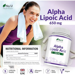 Alpha Lipoic Acid 650Mg - 150 High Strength Vegan ALA Capsules - 5 Month Supply - Amino Acid Supplement - Made in the UK - Nu U Nutrition