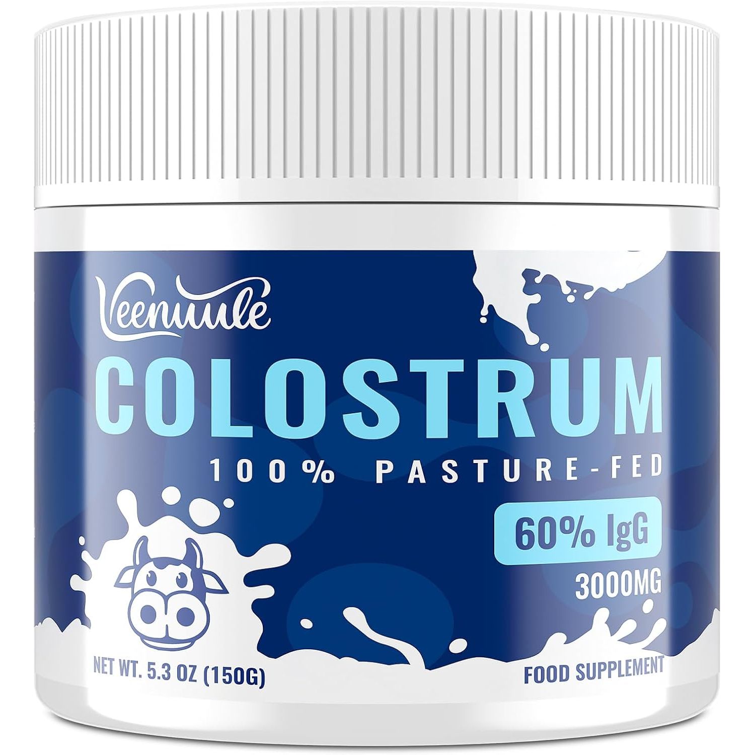 Veenuule Colostrum Powder 3000MG, with 60% Natural Igg (Immunoglobulins), Grass Fed Cow Colostrum, Non-Gmo, Unflavored 50 Servings