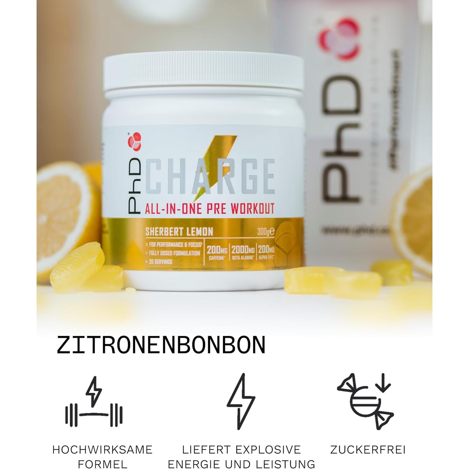 Phd Charge, All in One Pre Workout Powder with Creatine for Women and Men, Rich in Beta Alanine, High Caffeine for Pre-Workout, Sherbert Lemon Flavour, 20 Servings per 300G Bottle