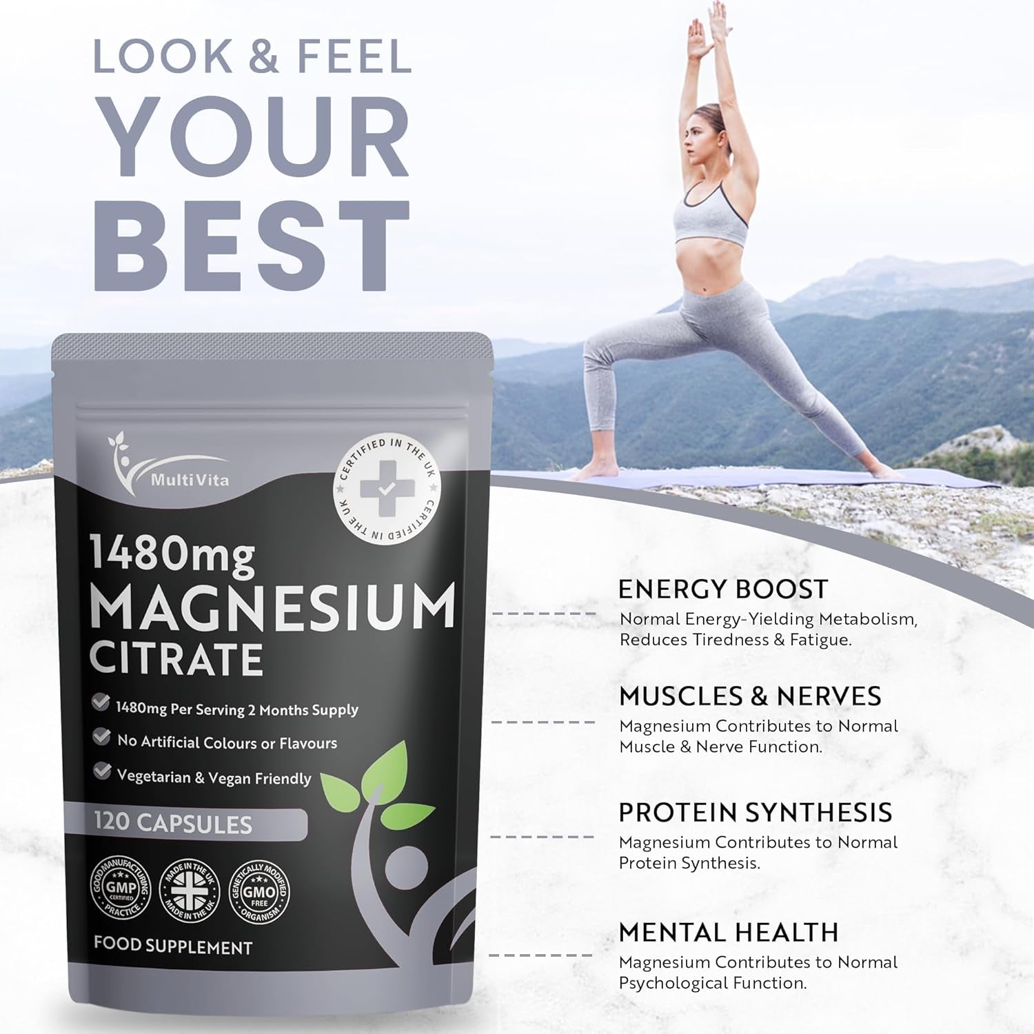 Magnesium Citrate 1,480Mg 120 Vegan Capsules 2 Months Supply - Providing 440Mg Elemental Magnesium per Serving - Magnesium Capsules Not Magnesium Tablets - High Strength Magnesium Supplement GMO Free