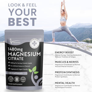 Magnesium Citrate 1,480Mg 120 Vegan Capsules 2 Months Supply - Providing 440Mg Elemental Magnesium per Serving - Magnesium Capsules Not Magnesium Tablets - High Strength Magnesium Supplement GMO Free