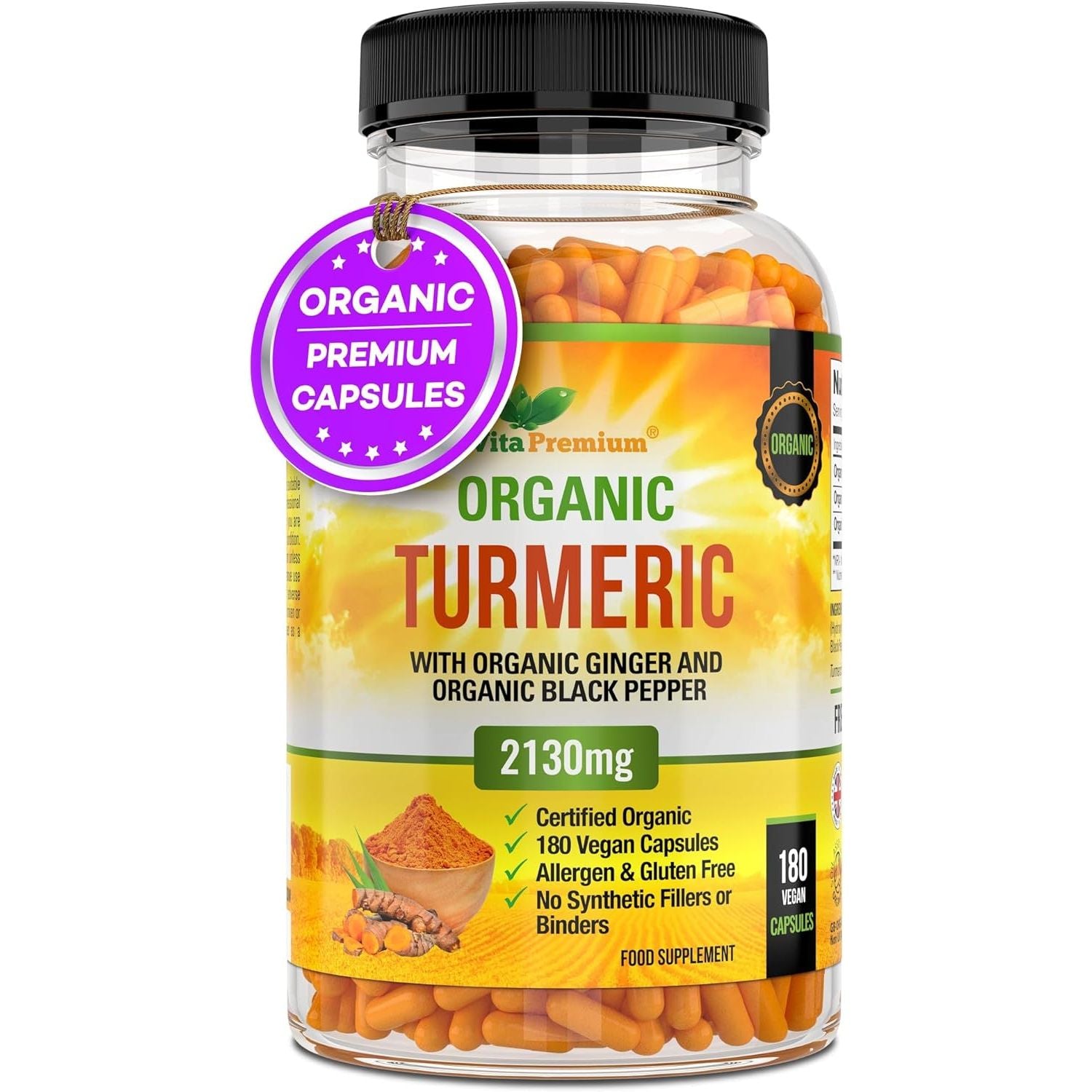 Turmeric and Black Pepper Capsules for Anti-Inflammatory and Joint Pain Relief - 180 Organic Capsules - High Strength Turmeric Curcumin Supplement with Added Black Pepper and Ginger - Made in UK