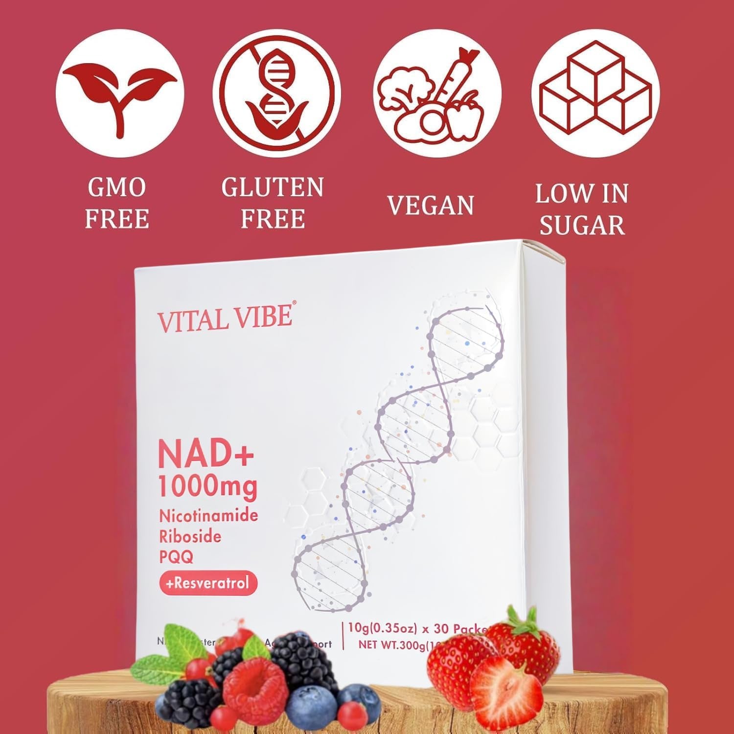NAD Supplements UK, with Nicotinamide Riboside, Resveratrol & PQQ, 10.5 Fl. Oz NAD Liquid for Men & Women, Anti-Aging, Energy, Focus, Fast-Absorption Berry Flavor Drink Mix (1000Mgliquid 30 Packets)