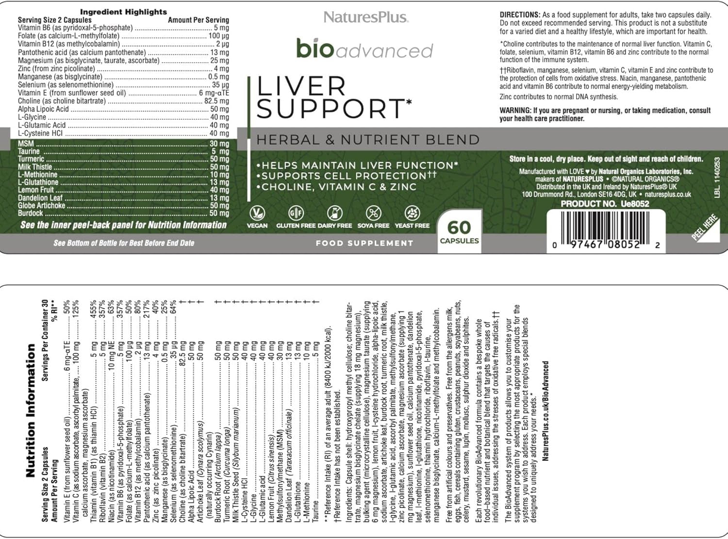 Naturesplus Bio Advanced Liver Support - Liver Health Supplement with Turmeric, Artichoke, Milk Thistle, Dandelion, Choline and Methyl Bs - Gluten, Dairy and SOYA Free - Vegan, 60 Capsules