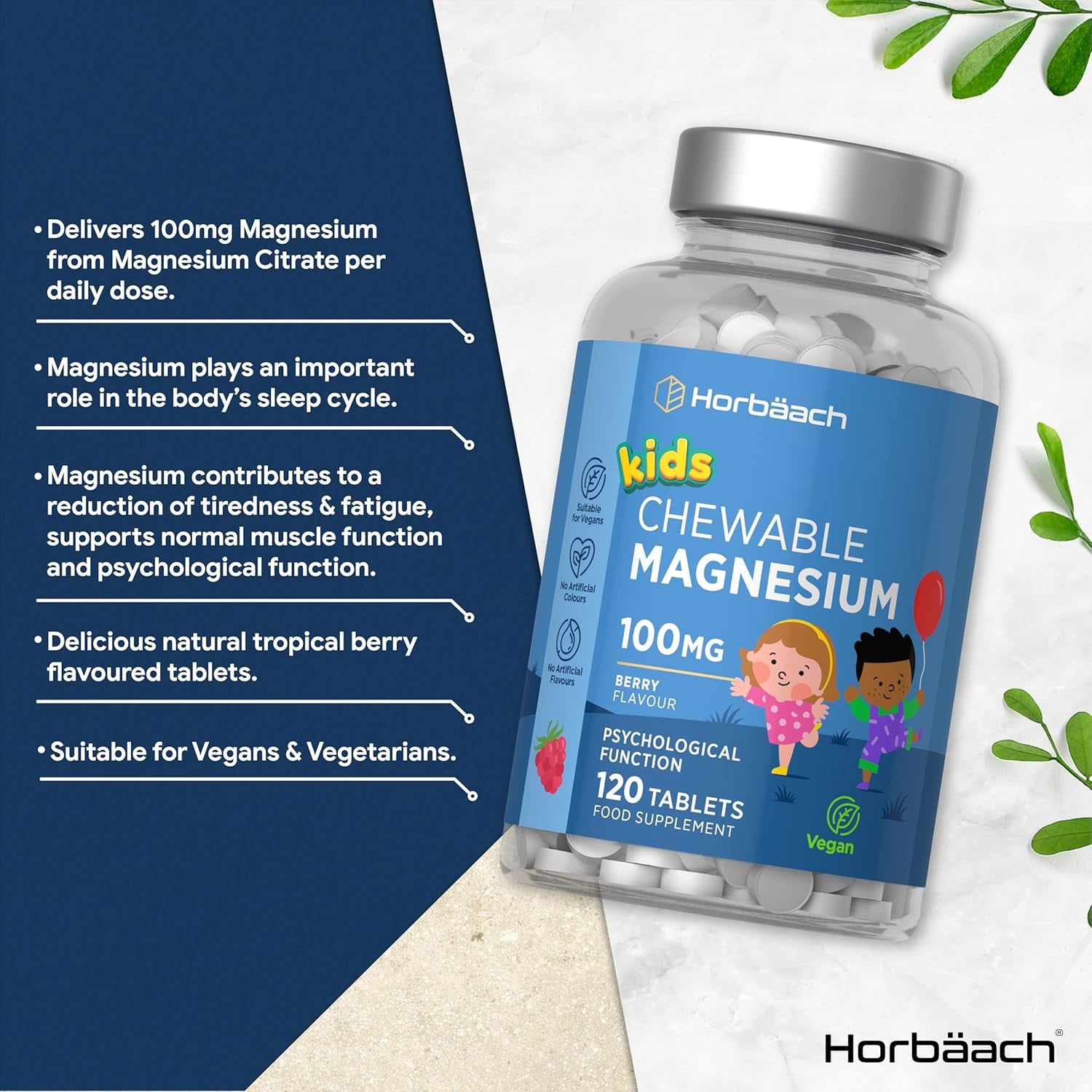 Kids Magnesium Chewable Tablets 100Mg | Berry Flavour | 120 Count | Magnesium Citrate Tablets for Children Aged 4+ (Not Gummies) | Vegan | No Artificial Preservatives | by Horbaach