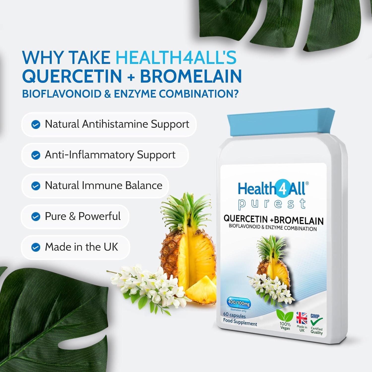 Health4All Quercetin 400Mg + Bromelain 100Mg per Capsule, Natural Antihistamine, Balances Immune Response, Pure Vegan 60 Capsules (Not Tablets) | Made in UK