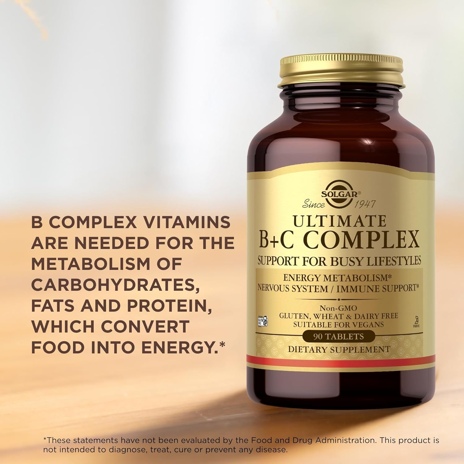 Solgar Ultimate B plus C Complex Tablets - Pack of 90 - B1, B2, B3, B4, B5, B6, B7, B12, Vitamin C - Multivitamin for Metabolism and Nervous System Support - Vegan, Kosher and Gluten-Free