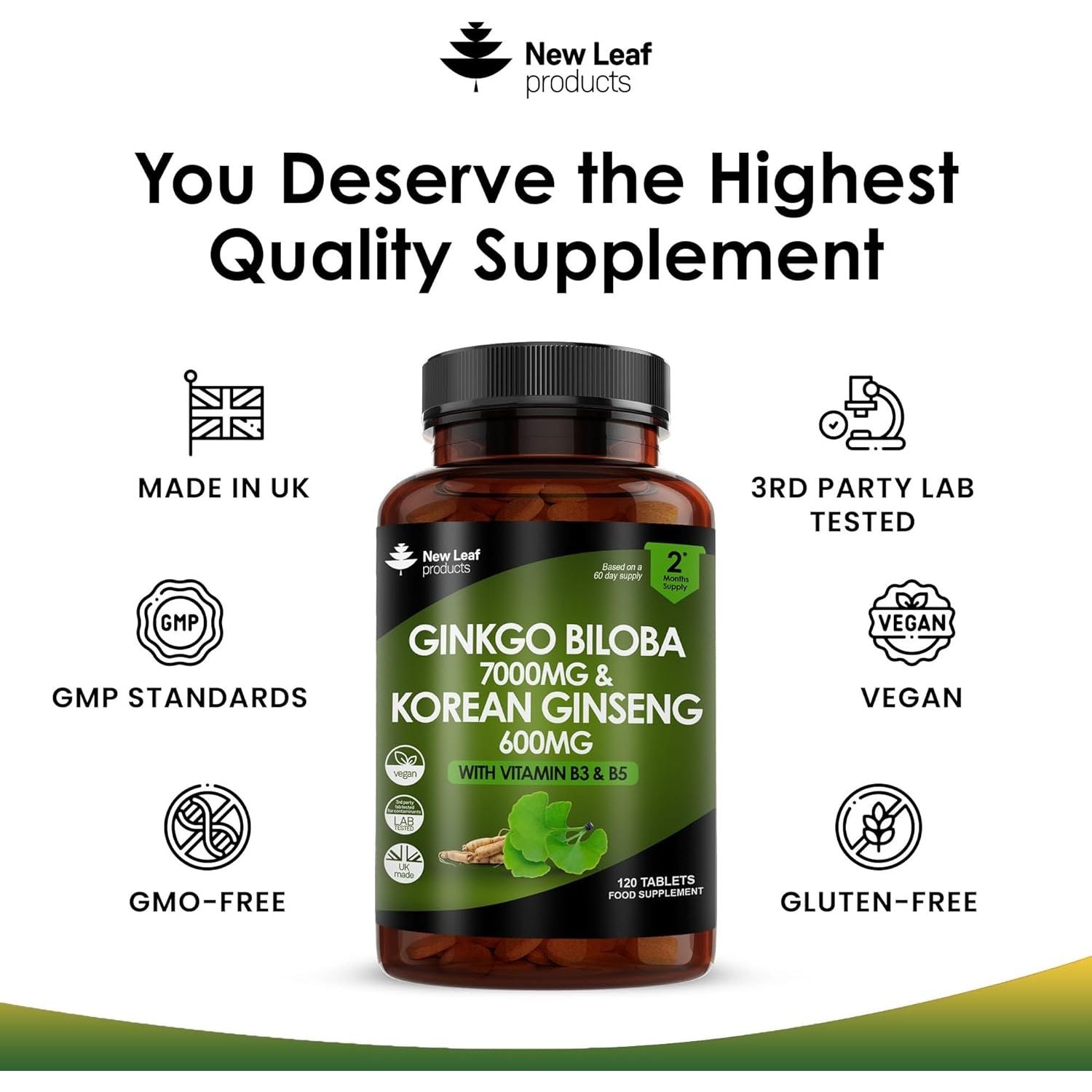 Ginkgo Biloba and Korean Ginseng Tablets - 7000Mg Ginkgo Biloba Herbal Supplements & 600Mg Panax Ginseng High Strength Extract - Enriched with Vitamin B3 & B5-120 Vegan Tablets