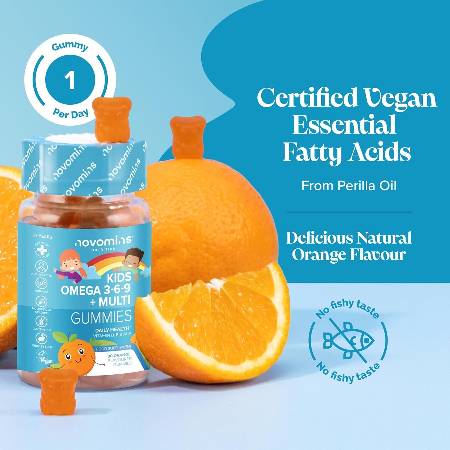 Kids Omega 3 Gummies - 50Mg ALA Including Omega 3 6 9 Complex with Added Vitamin E & D - Kids Friendly Capsules Alternative - Plant Based Alternative to Omega 3 Fish Oil - 1 Month Supply – Novomins