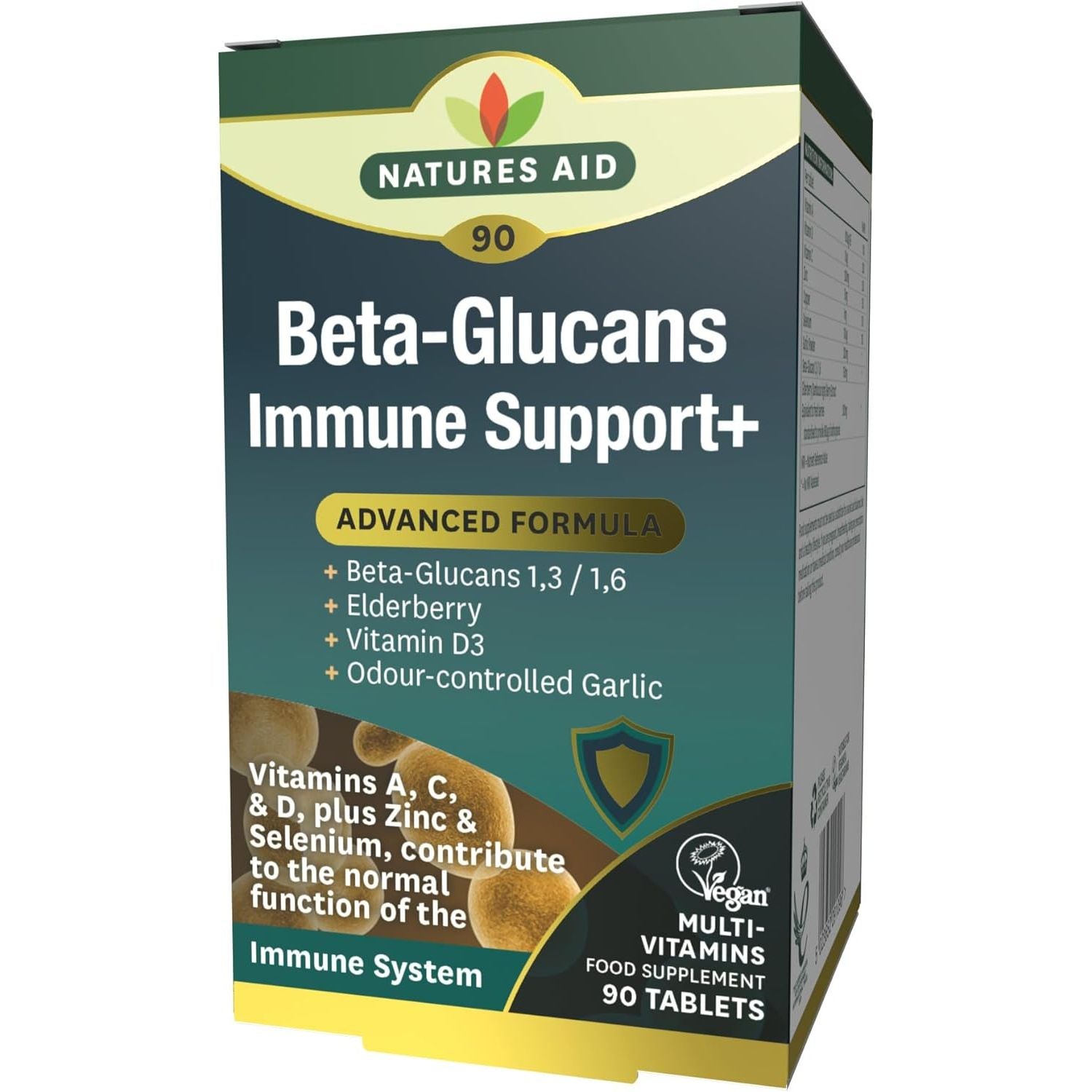 Natures Aid Beta Glucans Immune Support Supplement - Vitamin C, D3, A, Zinc, Selenium, Garlic & Elderberry - Immune System Support for Adults - Vegan, Gluten Free, Non-Gmo - 90 Tablets