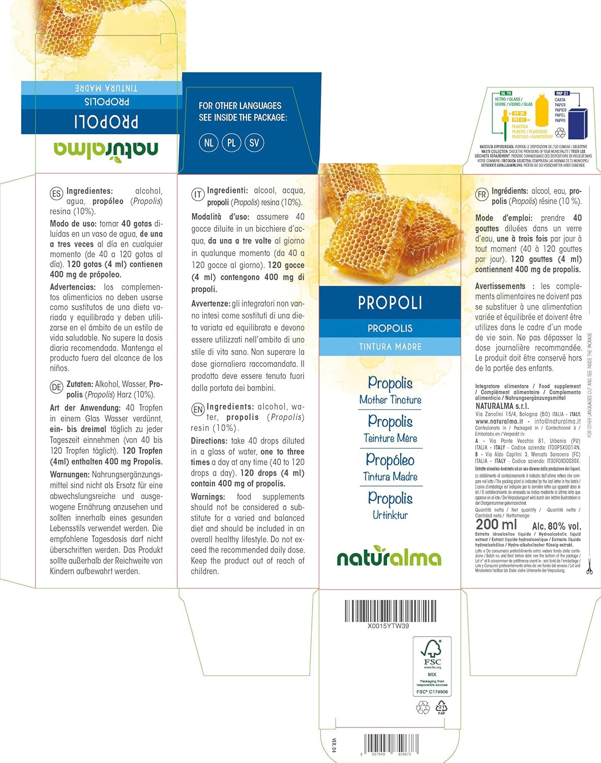 Propolis (Propolis) Resin Hydroalcoholic Mother Tincture NATURALMA - Liquid Extract Drops 200 Ml - Food Supplement