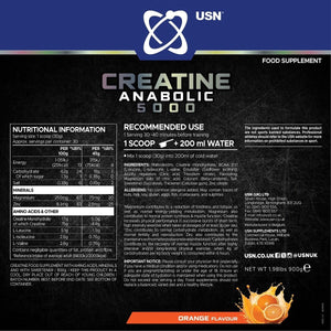 USN Creatine Anabolic 5000 – All-In-One Muscle Growth & Recovery Powder, 5000Mg Creatine Monohydrate + 3000Mg Bcaas, Low Sugar, Orange Flavour, 900G (30 Servings) - New Formula