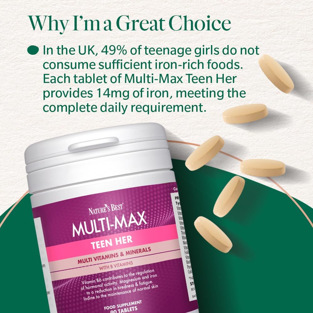 Nature'S Best Multi-Max Multivitamin for Teen Her - Growth & Development Support for Girls 13-19 - with Iron, Vitamin B6 & Vitamin C - UK Made - 90 Tablets (3 Months' Supply)