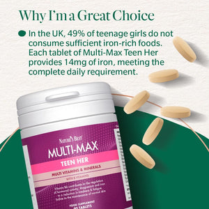 Nature'S Best Multi-Max Multivitamin for Teen Her - Growth & Development Support for Girls 13-19 - with Iron, Vitamin B6 & Vitamin C - UK Made - 90 Tablets (3 Months' Supply)