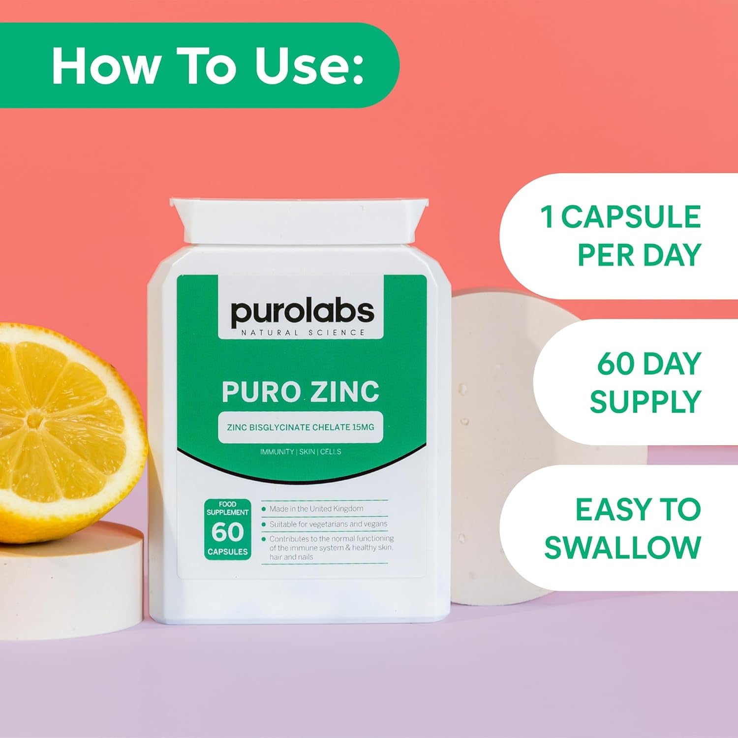 High Strength Zinc Supplement 15Mg by Purolabs - Chelated Zinc Bisglycinate - Vegan Capsules - High Absorption Tablets for Men & Women - Immune & Skin Support Supplements - 60 Count