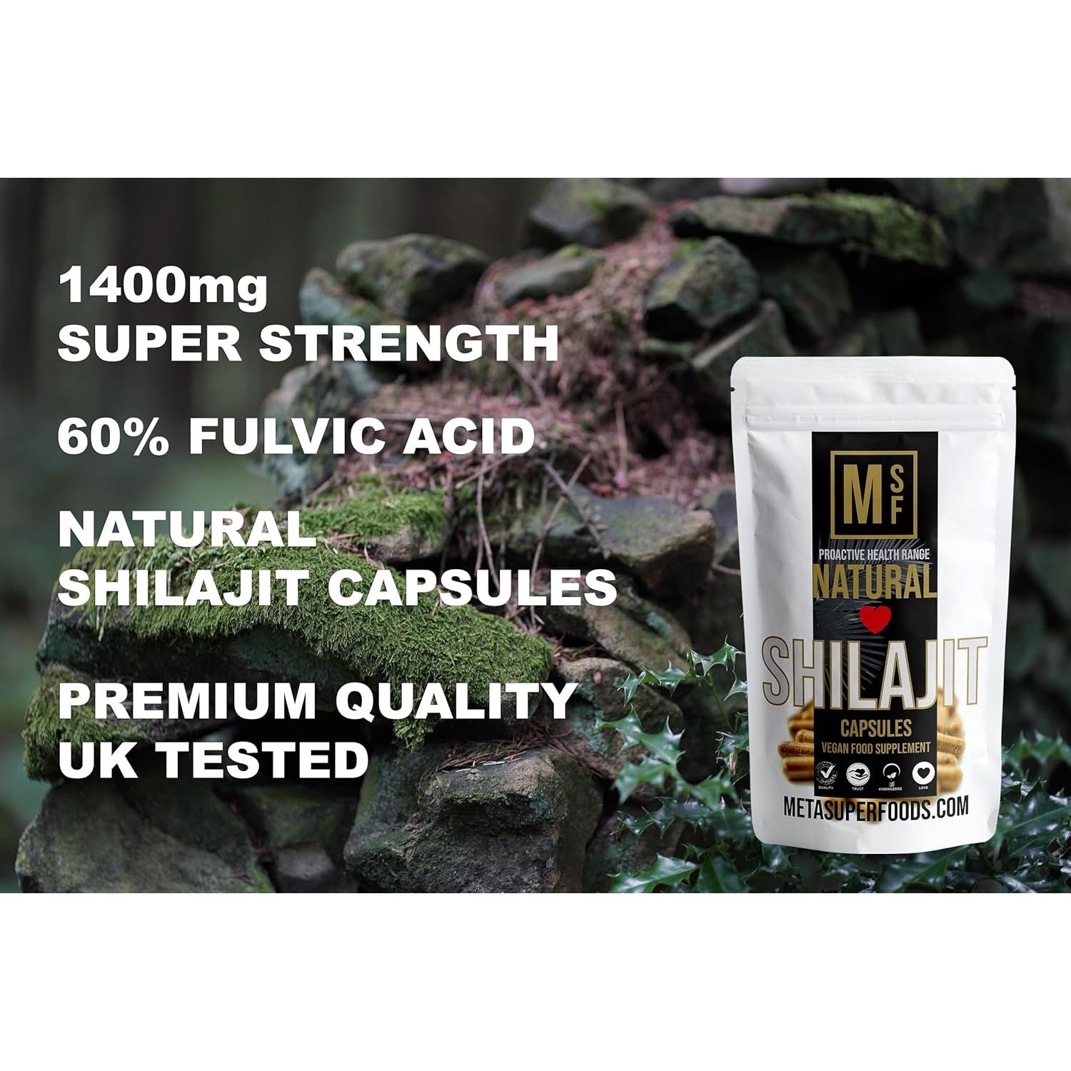 Shilajit | 60 Capsules | 60% Fulvic Acid | 1400 Milligrams Shilajit Resin Powder per Capsule | High Strength Shilajit Capsules | Vegan Himalayan