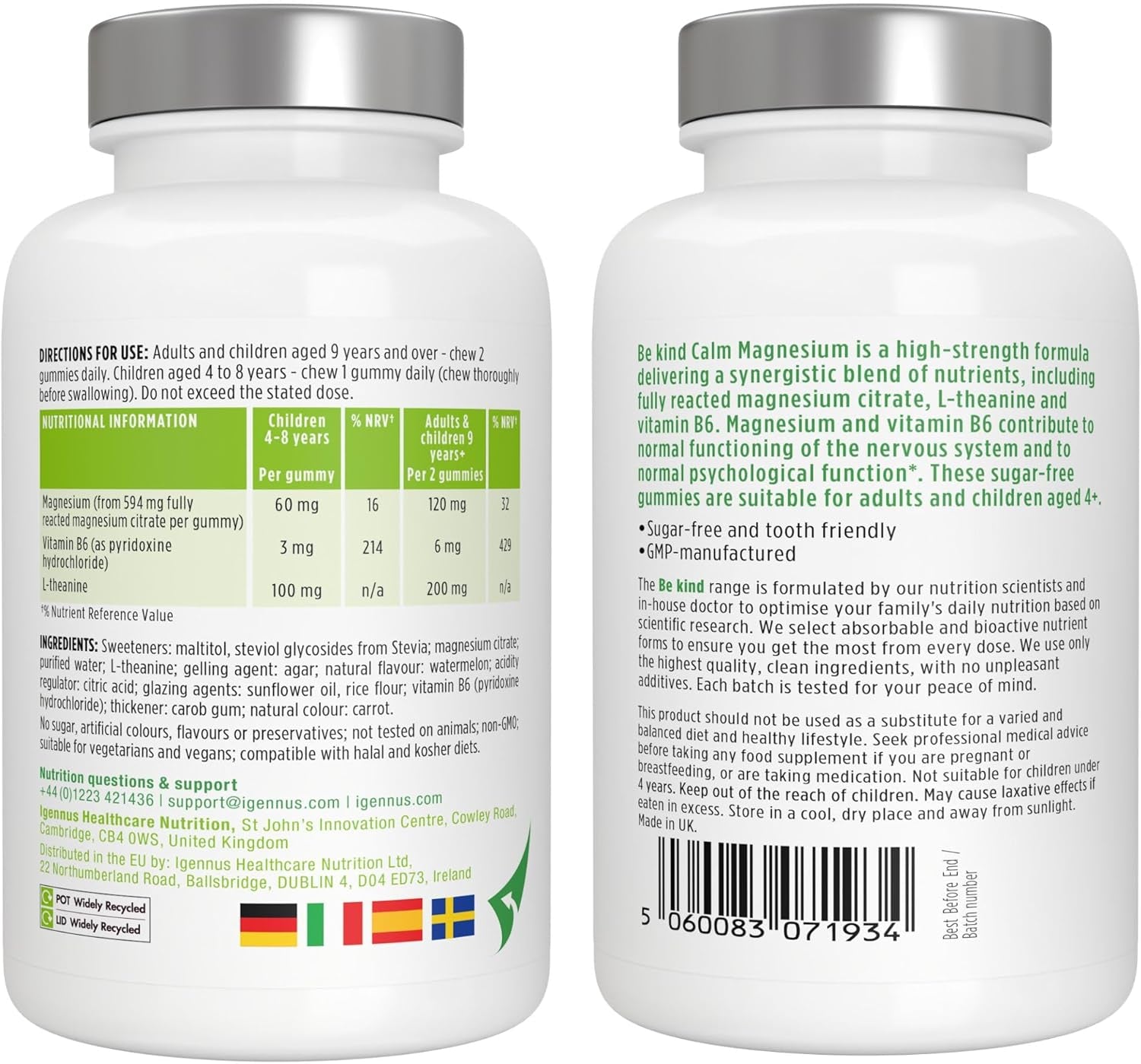 Igennus Calm Magnesium Gummies, L-Theanine & Vitamin B6, for Kids & Adults, 90 Sugar-Free Gummies, Watermelon Flavour, Clean Ingredients & Vegan, 45-90 Servings