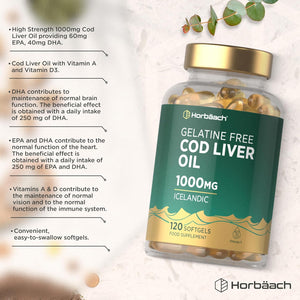Cod Liver Oil Gelatine Free 1000Mg | 120 Capsules | High Strength Supplement with Vitamin A, D and Omega 3 DHA/EPA | Suitable for Pescatarians | by Horbaach