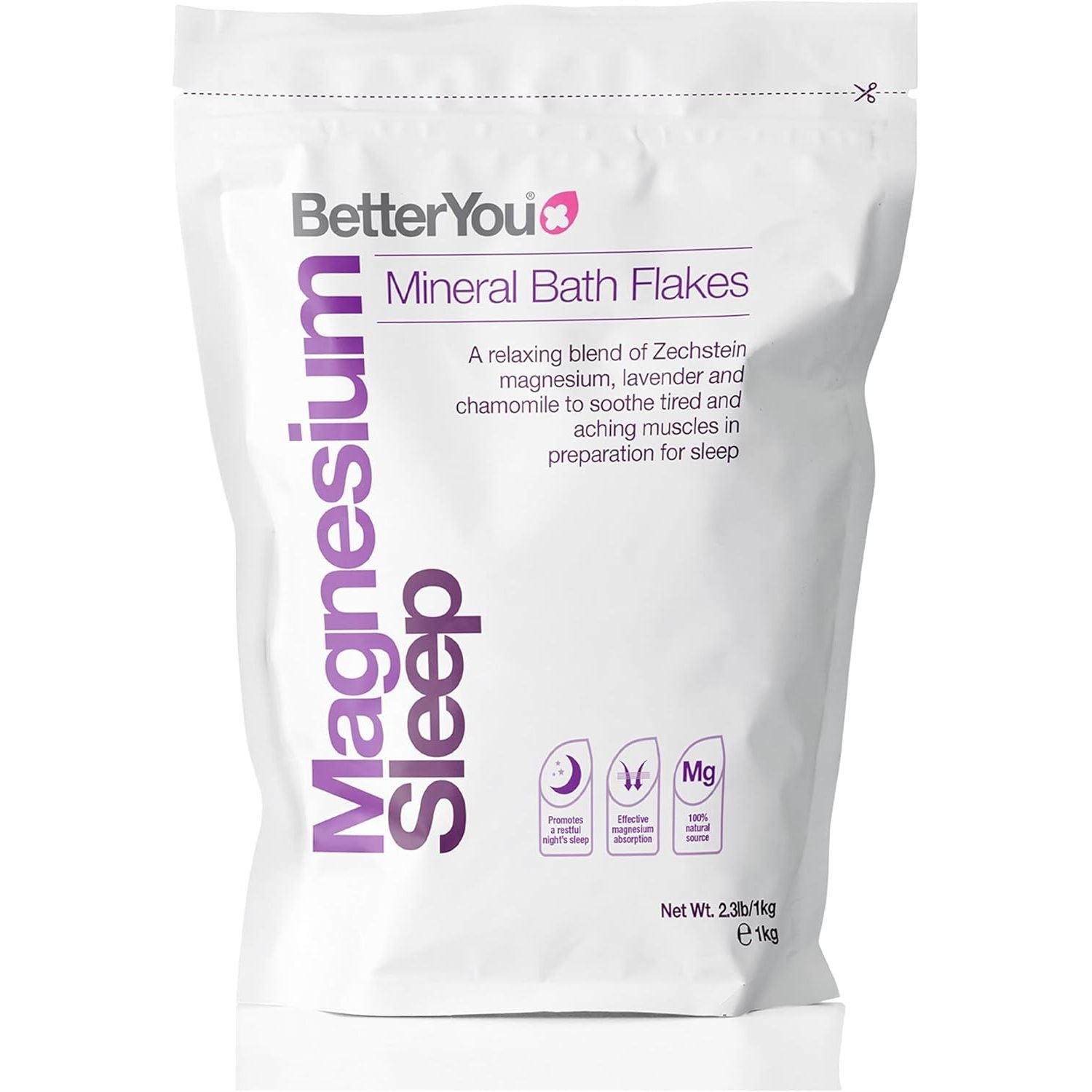 Betteryou Magnesium Sleep Mineral Bath Flakes | Zechstein Magnesium Infused with Lavender & Chamomile to Soothe Aching Muscles | Relaxing Essential Oils for Deep Sleep | 1Kg