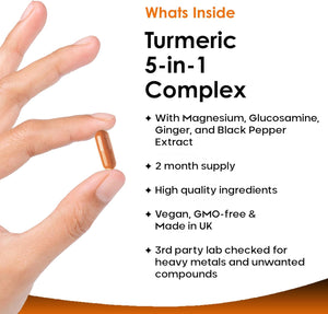 Turmeric 5-In-1 Complex - 5000Mg Turmeric Capsules High Strength Enriched with Magnesium & Glucosamine Sulphate - Added Ginger Capsules + Black Pepper, 95% Curcumin Supplement - Vegan Supplement