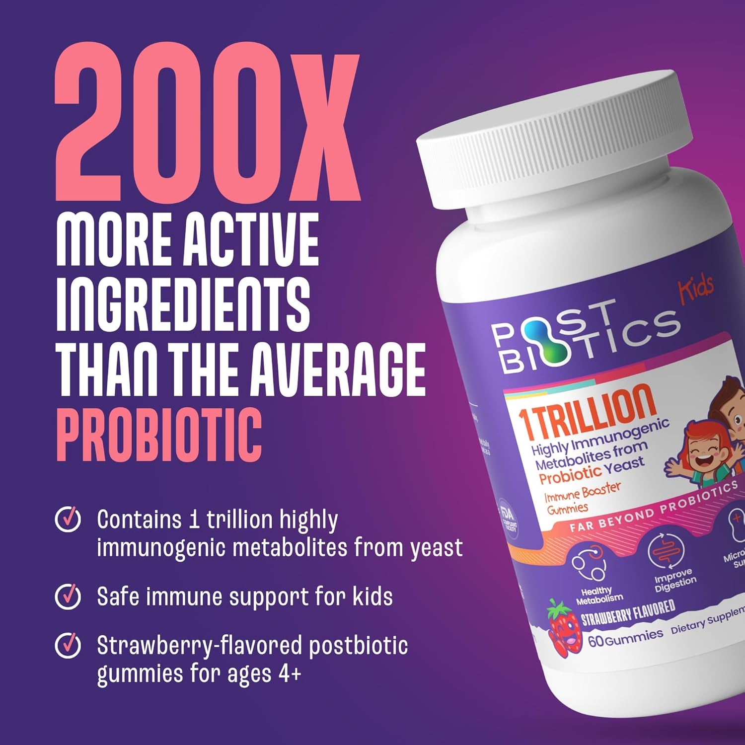 NAVEH PHARMA Postbiotics Kids Strawberry Gummies. Children’S Postbiotics, Ages 4+, 1 Trillion Good Bacteria 200X Ingredients than Probiotic or Prebiotic. Gut Health, Immunity, Digestion & Microbiome