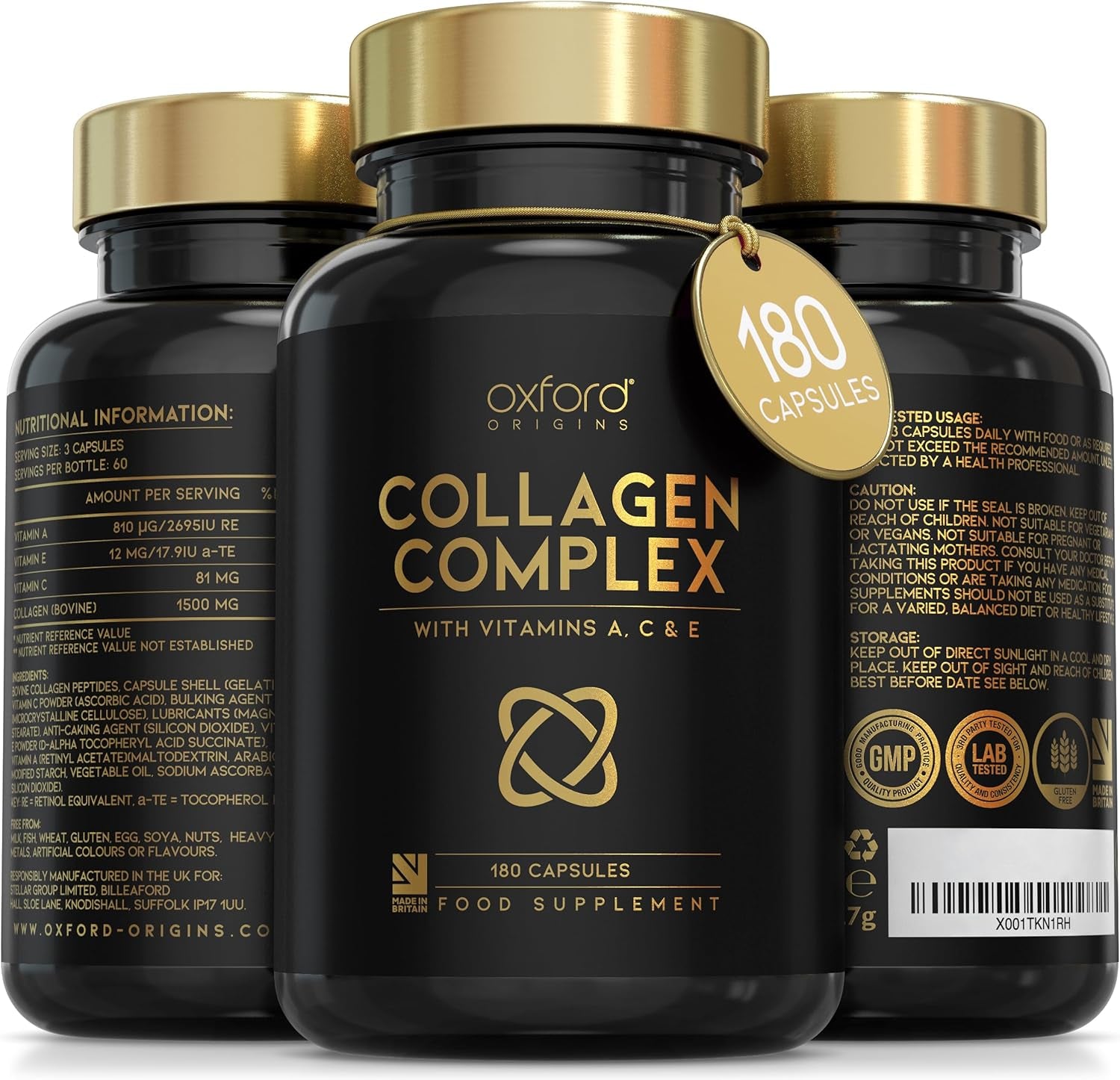 Advanced Collagen Complex | Made in the UK | Hydrolysed Collagen Supplements for Women & Men Enhanced with High Absorption Hair Skin and Nails Vitamins A, C & E | 180 Capsules