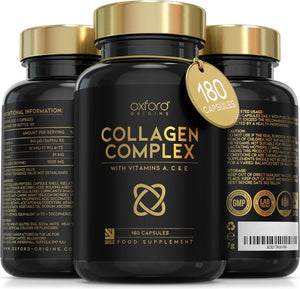 Advanced Collagen Complex | Made in the UK | Hydrolysed Collagen Supplements for Women & Men Enhanced with High Absorption Hair Skin and Nails Vitamins A, C & E | 180 Capsules