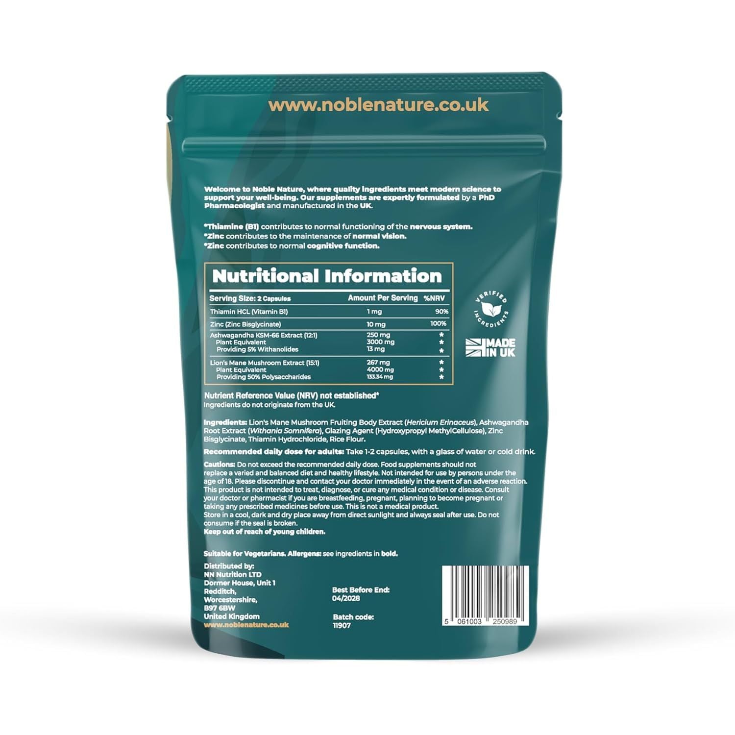 Noble Nature 267Mg Lions Mane + 250Mg Ashwagandha KSM 66 4-In-1 Formula – with 10Mg Zinc Bisglycinate and 1Mg Vitamin B1 Capsule Supplement – Adaptogens for Calm Brain, Stress, Mood, & Health (90)