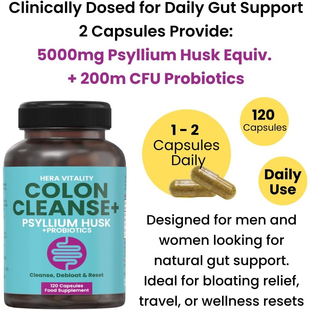 Colon Cleanse plus – 120 Vegan Capsules | Psyllium Husk Complex with Probiotics | High Fibre Digestive Support | Detox, Constipation Relief & Weight Management