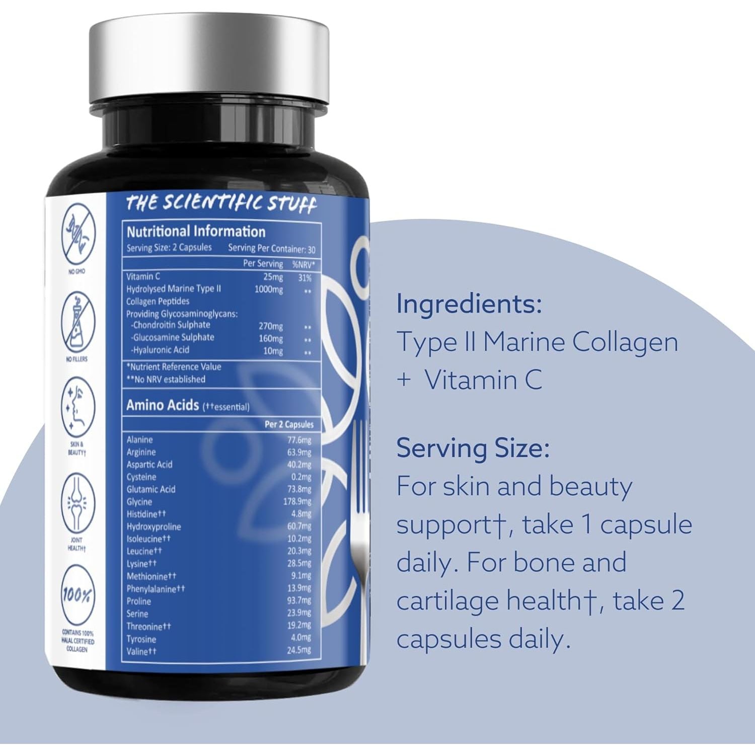 Edible Health Hydrolysed Type II Marine Collagen Capsules – 1025Mg Type II Collagen with Hyaluronic Acid & Vitamin C, High-Strength Skin & Joint Health Supplement for Women & Men – 60 Capsules