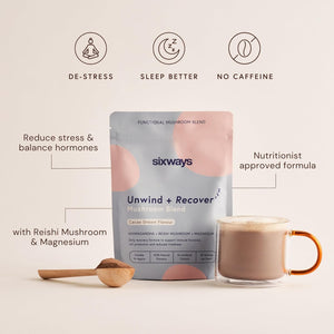 Sixways Unwind and Recover Sleep Drink 30 Servings, Cacao Flavour, Ashwagandha Powder, Hormone and Anxiety Aid, Magnesium, Reishi Mushroom, Vegan, Gluten Free, Magnesium Infused for Relaxation
