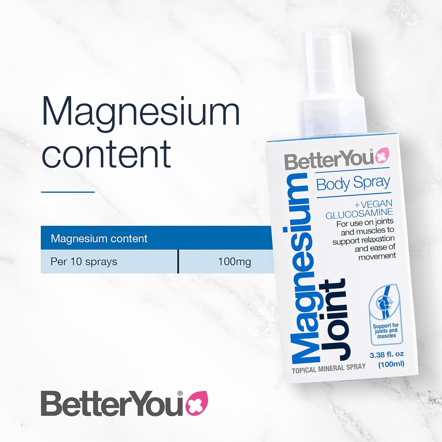 Betteryou Magnesium Joint Body Spray, Magnesium Chloride and Glucosamine, Effective Support for Joints and Muscles, Supports Relaxation, 100Ml Magnesum Oil Supplement