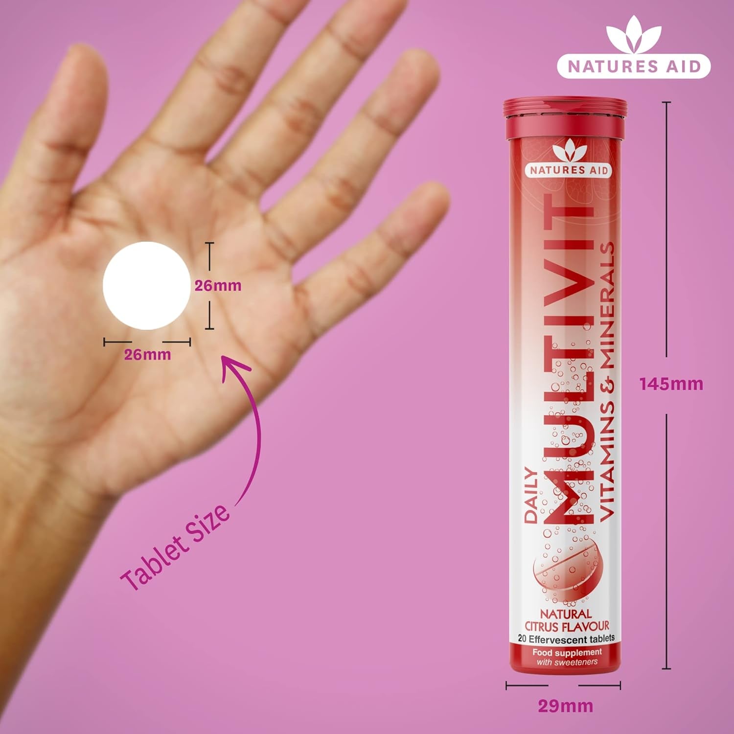 Natures Aid Daily Multivitamin Effervescent 20 Tablets - Supports Energy and Immune Health - High Strength Fizzy Supplement - Vegan, Gluten Free, Non-Gmo - Natural Citrus Multi-Vitamin - 20 Tablets