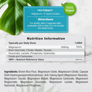 Magnesium Glycinate Complex | 500Mg Elemental Magnesium | 10-In-1 Complex | Glycinate, Citrate, Malate, Oxide, Taurate & More | 90 Vegan Capsules | by Horbaach