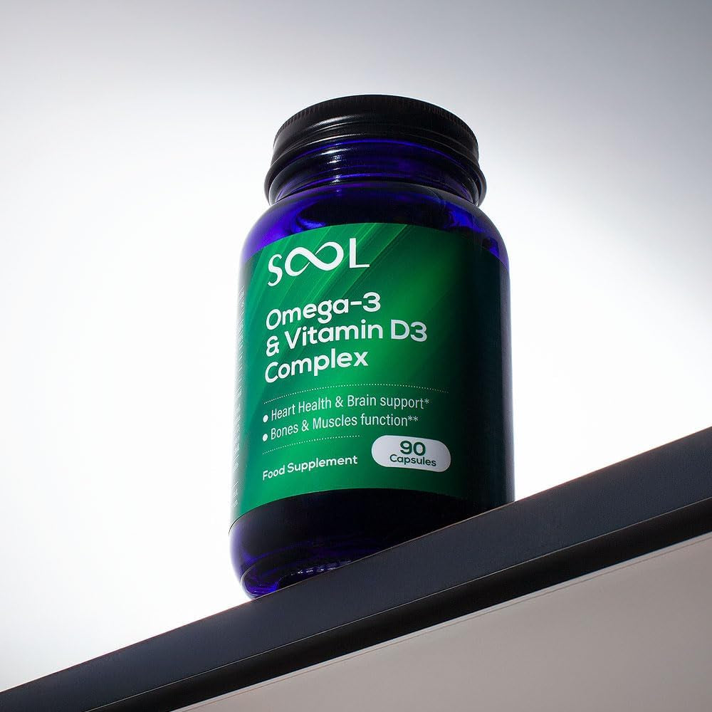 SOOL Omega-3 & Vitamin D3 Complex Soft Gels, 90 Capsules I 20% EPA & 50% DHA I Two-A-Day Omega-3 Supplement I Vitamin D3 2000IU per Serving I High Absorption Formula I Brain Function & Mental Clarity