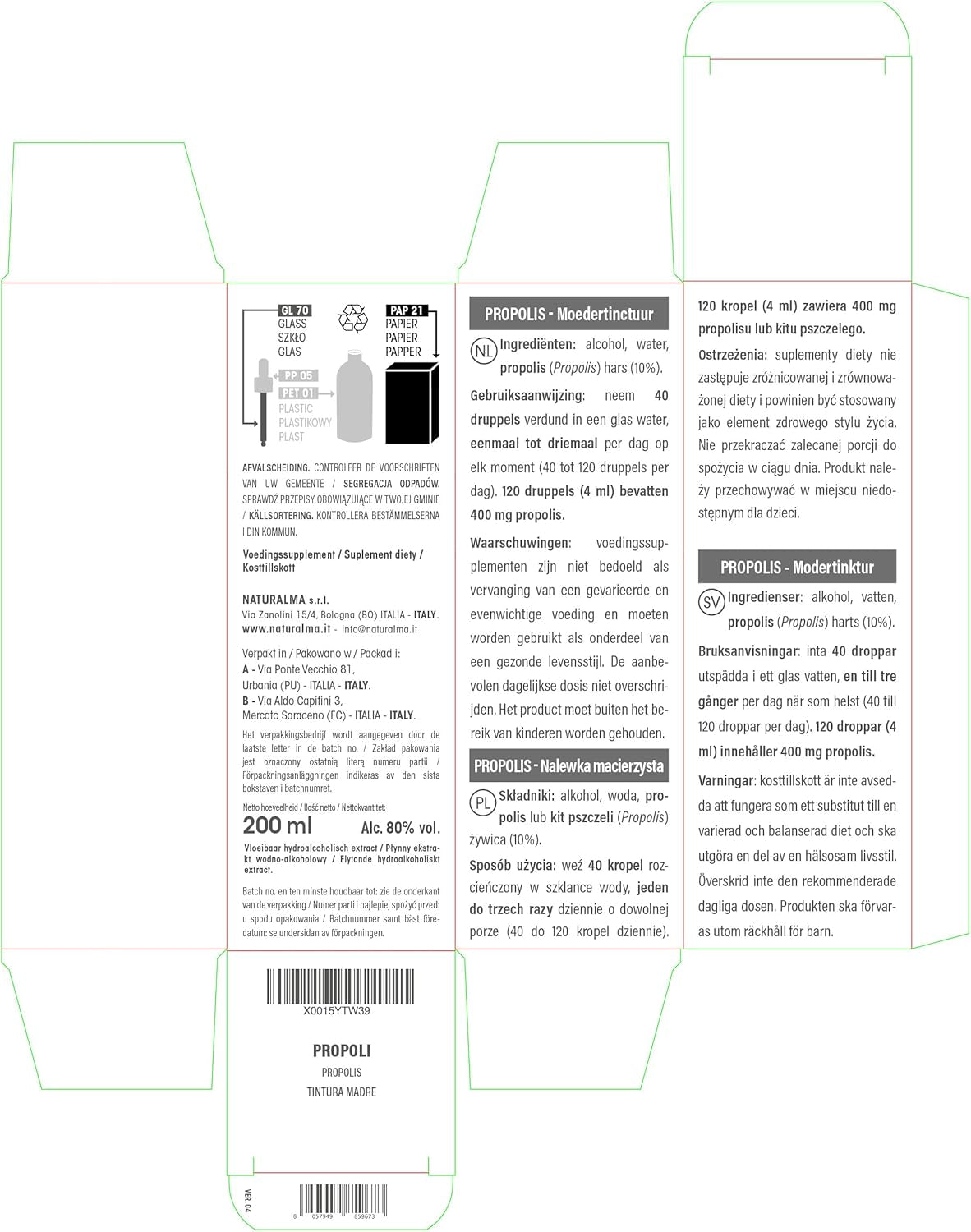 Propolis (Propolis) Resin Hydroalcoholic Mother Tincture NATURALMA - Liquid Extract Drops 200 Ml - Food Supplement
