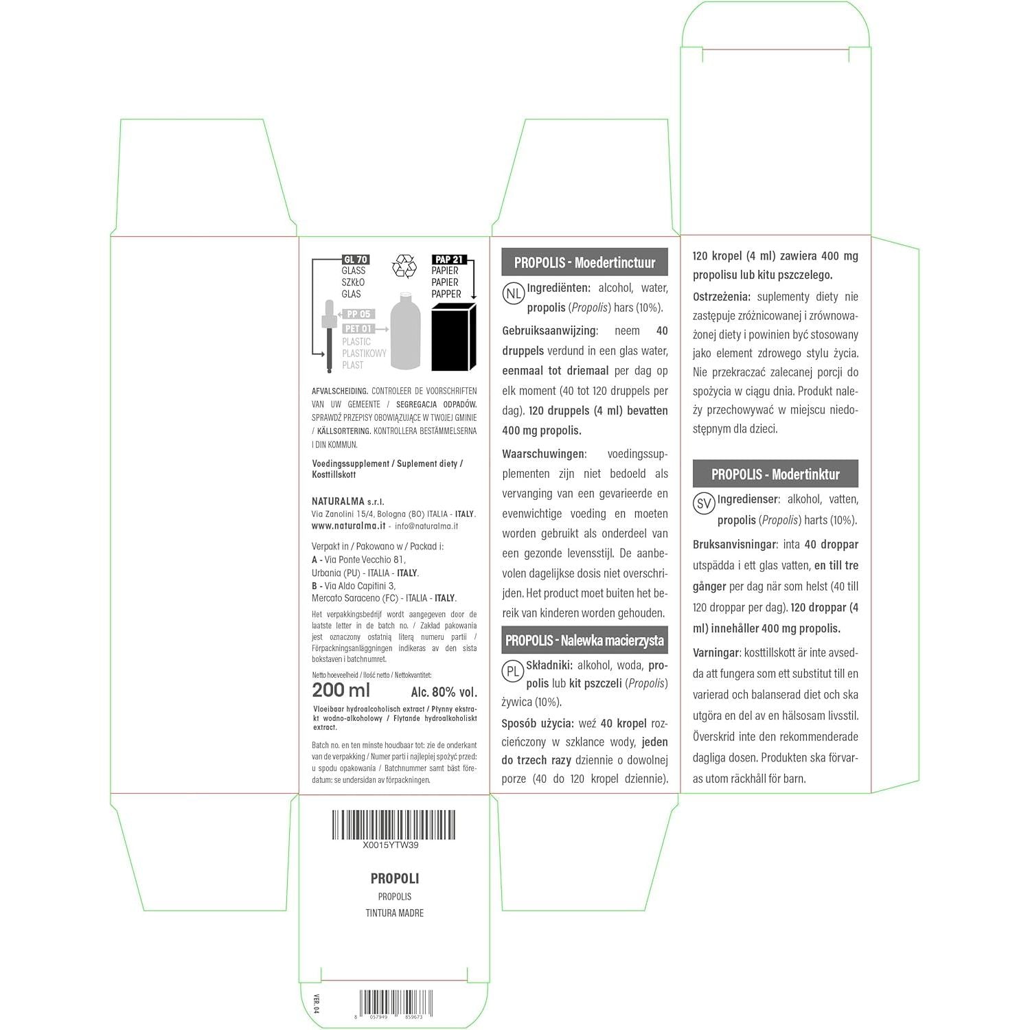 Propolis (Propolis) Resin Hydroalcoholic Mother Tincture NATURALMA - Liquid Extract Drops 200 Ml - Food Supplement