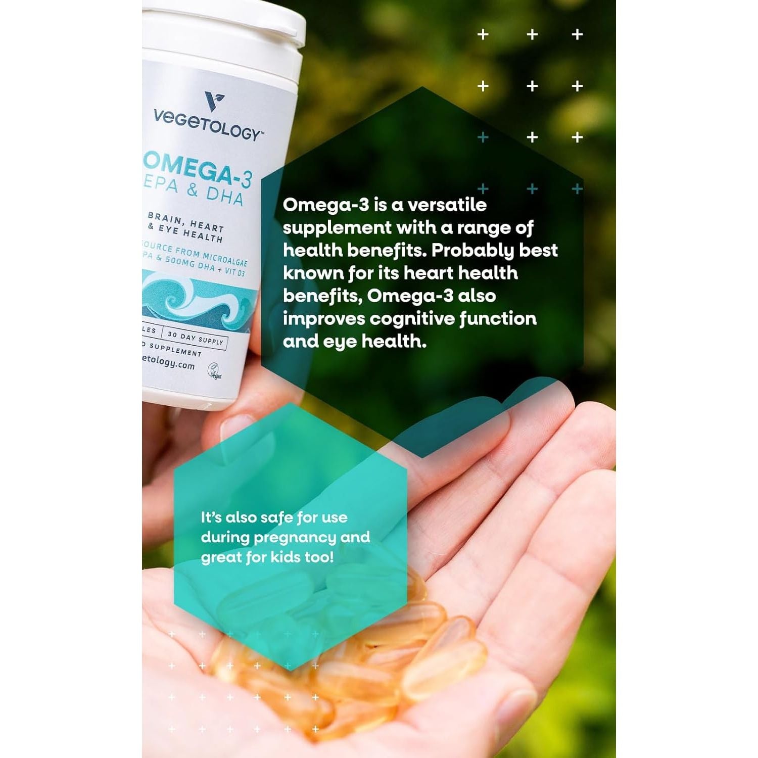 Vegetology, Vegan Omega 3 Capsules High Strength, 800Mg of EPA DHA from Algae Oil, with Added Vitamin D3, Supports Heart, Brain Function and Eye Health, 60 Capsules, UK Made