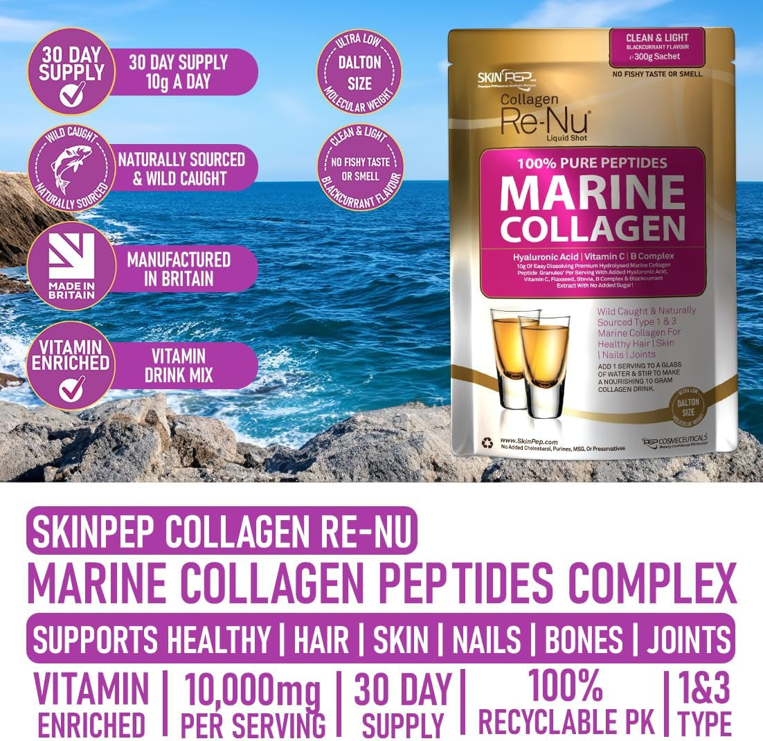 Premium Hydrolysed Marine Collagen Peptide Powder + VIT C, B Complex Hyaluronic Acid, & Stevia. Clean Light Taste/No Fishy Smell - Skinpep Collagen Re-Nu 300G - 30 Days Supply