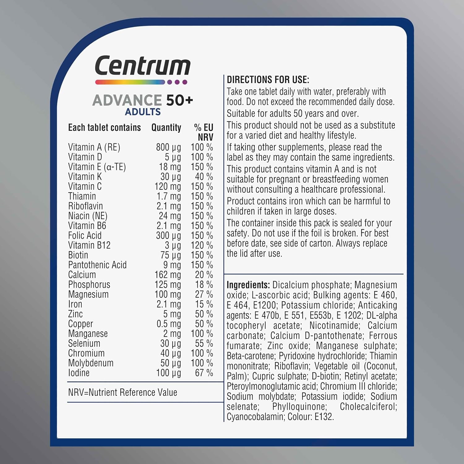 Centrum Advance 50+ Tablets Multivitamin & Mineral Supplements, with 24 Essential Nutrients, Including Vitamin D, C, Zinc, 60 Ct